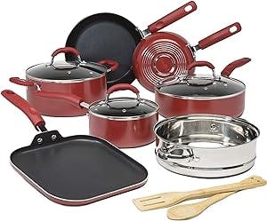 Goodful Cookware Set with Premium Non-Stick Coating, Dishwasher Safe Pots and Pans, Tempered Glass Steam Vented Lids, Stainless Steel Steamer, and Bamboo Cooking Utensils Set, 12-Piece, Red