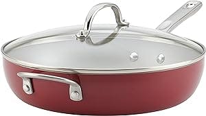 Ayesha Curry Home Collection Porcelain Enamel Nonstick Covered Deep Skillet With Helper Handle, 12 Inch Frying Pan with Glass Lid, Sienna Red