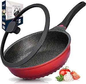 Vinchef Nonstick Skillet with Lid, 9.5In/3Qt Aluminum Saute Pan with Lid and Heat Indicator, German GREBLON C3+ Non Sticking Coating- Induction Deep Skillet