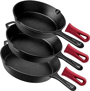 Cast Iron Skillet Set - 8" + 10" + 12"-Inch Pre-Seasoned Frying Pans + Silicone Handle Grip Covers - Indoor/Outdoor, Oven, Grill, Stovetop, BBQ, Fire and Induction Safe Kitchen and Camping Cookware