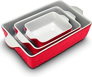 NutriChef 3Pcs. Nonstick Bakeware PFOA PFOS PTFE Tray Set w/Odor-Free Ceramic, 446°F Oven Microwave/Dishwasher Safe Rectangular Baking Pan, Red