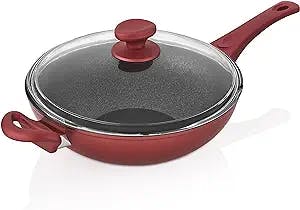 SAFLON Titanium Nonstick 11 Inch Wok and Stir Fry Pan with Glass Lid Forged Aluminum with PFOA Free Scratch Resistant (Red)