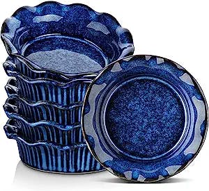 vancasso Stern Pie Pan, 5.5 inch - 9 Ounce Mini Pie Pans Set of 6, Ceramic Pie Dish Pie Plate for Baking, Small Pie Plates with Corrugated Edge, Easy to Clean, Dishwasher & Microwave & Oven Safe Blue