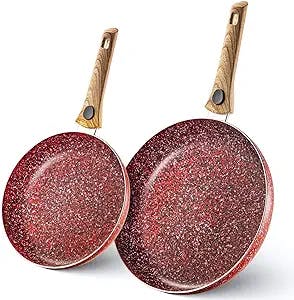 MITBAK 10 & 12 Inch Non-Stick Frying Pans (Red) | Set Of 2 Granite Coating Nonstick Skillet with REMOVABLE Heat-Resistant Wooden Handle | Premium Cooking & Kitchen Utensil | Induction Compatible