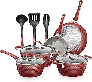 NutriChef Non-Stick Kitchenware Pots & Pans-11 Pcs. Stylish Kitchen Cookware Set w/Elegant Diamond Pattern, Gray Inside & Red Outside, Metal, Silicone Handle, PTFE/PFOA/PFOS Free, Red